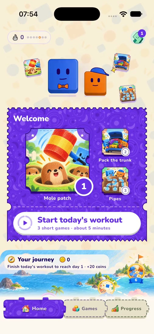 Orange & Blue's Home screen, Games and Progress.